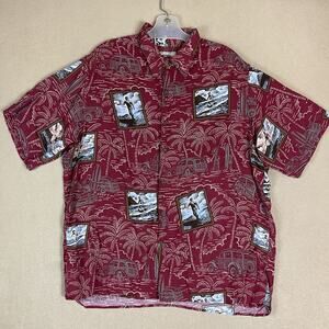 Reyn Spooner Shirt Mens L Red Art Of Eddy Y Hawaiian Island Print Short Sleeve‎
